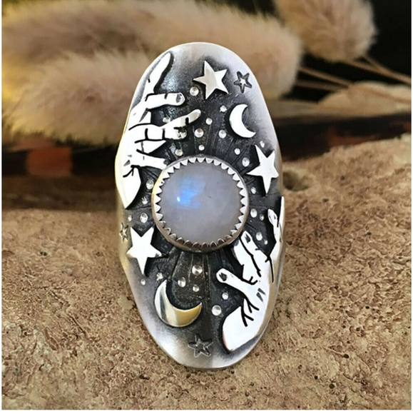 Gypsy Moonstone Ring Crystal Ball Ring Antique Silver Color Multiple Sizes - Picture 2 of 5
